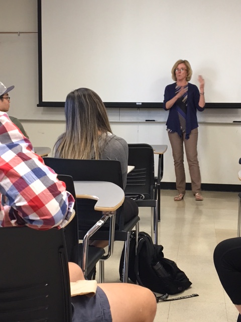 Leeza Hoyt serving as a guest lecturer for a public relations class at Cal State University, Fullerton.
