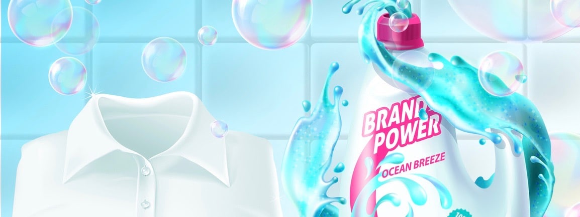 Vector realistic promo banner of washing powder, poster for advertising liquid detergent in bottle, jar. 3d template for product, concept with soap bubbles, foam. Bathroom background for internet, web
