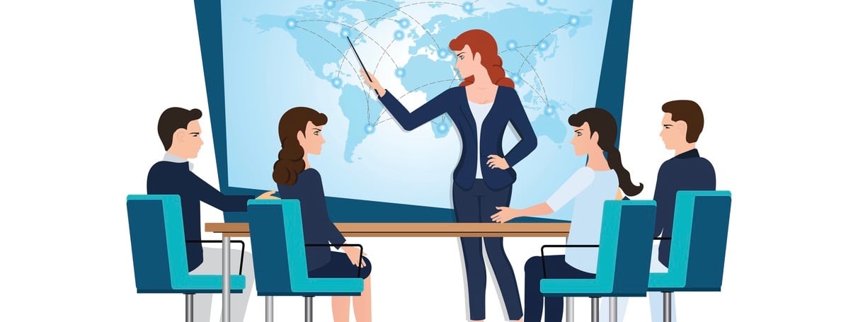 Business woman presenting world business on whiteboard with business people sitting on presentation at office, business presentation conceptual vector illustration.