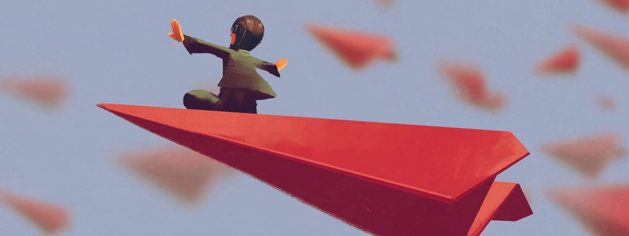 man sitting on red airplane paper in the sky,illustration painting