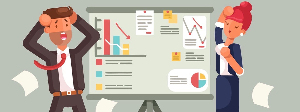 Stressed business people looking at a bad results chart. Business fail. Graph down vector flat illustration