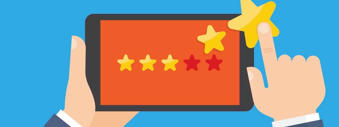 Hand pointing to a tablet with five star on the screen. Customer reviews, rating, classification concept Vector Illustration