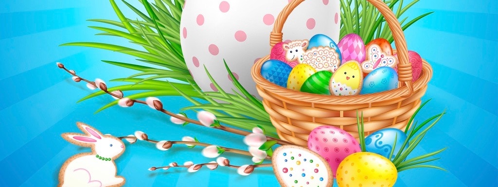 Easter composition with big white decorated egg, ears of Bunny and basket filled with eggs and cookies. Willow twigs and green grass. Template for greeting cards, banners, posters