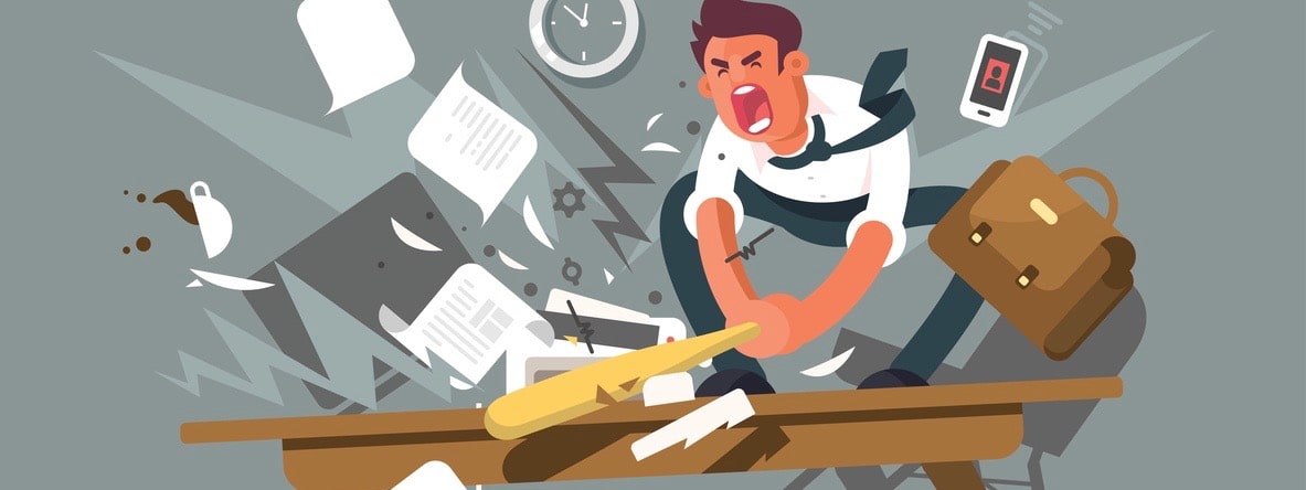 Angry and exasperated employee. Office worker smashing a table bat. Vector illustration