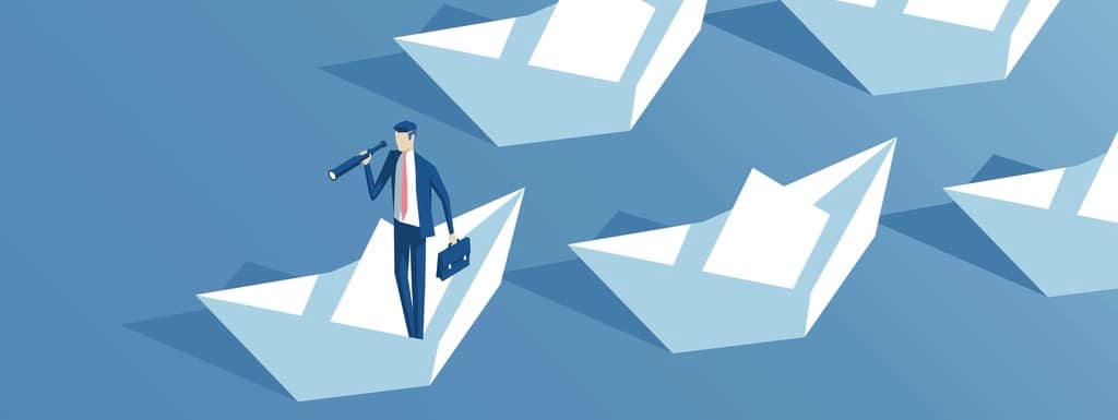 Isometric businessman with telescope floats on a paper boat and leads a group of other paper boats. Business concept leader and team