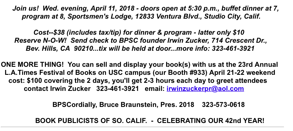 Next meeting of Book Publicists of So. Calif Scheduled for Apr. 11