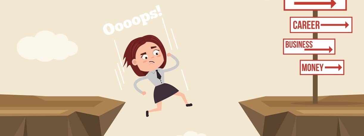 Businessman office worker woman character jumps over ravine and fall down. Fail concept. Vector flat cartoon illustration