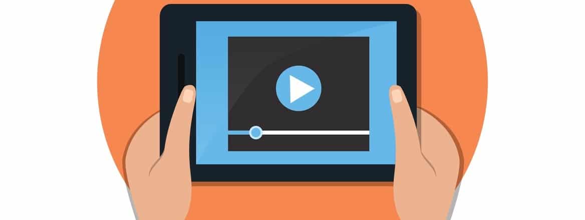 Hands holding tablet with video player on screen. Vector flat illustration.