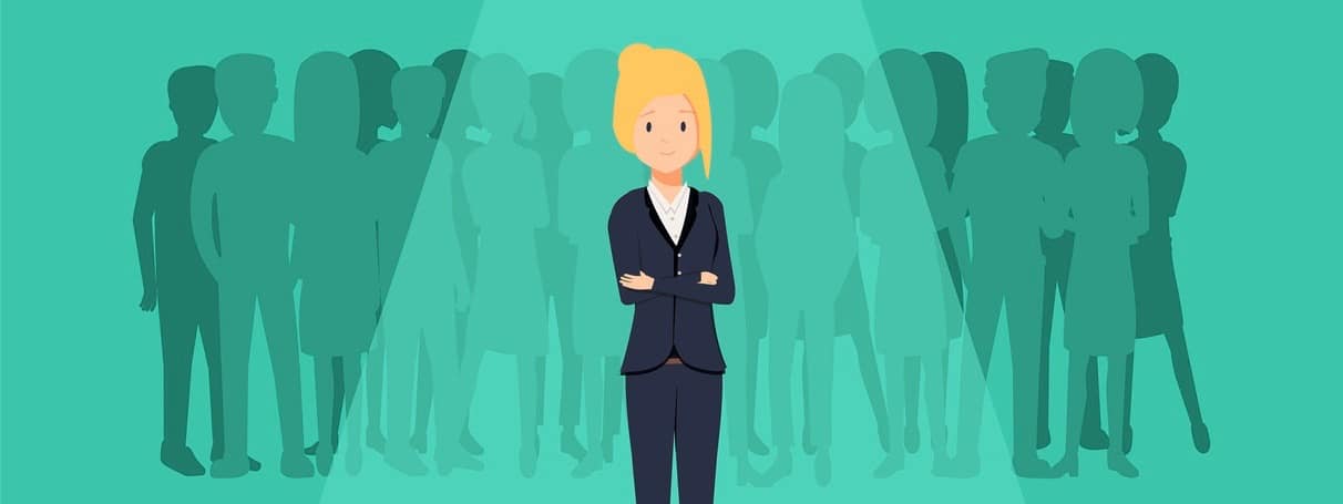Business recruitment or hiring vector concept. Looking for talent. Businesswoman standing in spotlight or searchlight looking for new career opportunities. Eps10 vector illustration.