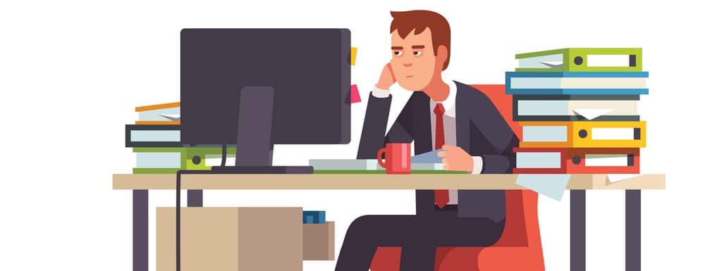 Overworked and tired looking accountant sitting at his desk with piled document binders. Business stress. Flat style modern vector illustration.