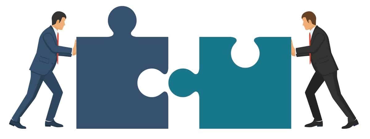 Business concept. Teamwork metaphor. Two businessmen connecting puzzle elements. Vector illustration flat style design. Combining two pieces. Symbol of working together, cooperation, partnership.