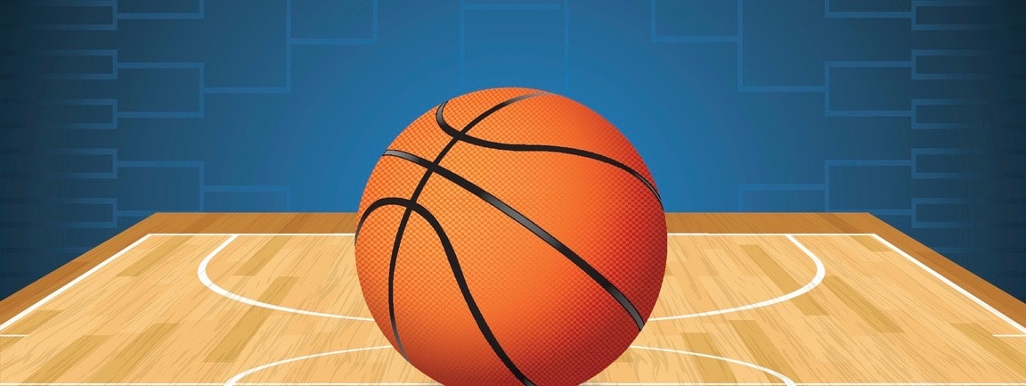 An illustration of a basketball on a court and a tournament bracket in the background. Vector EPS 10. EPS file is layered and contains transparencies.