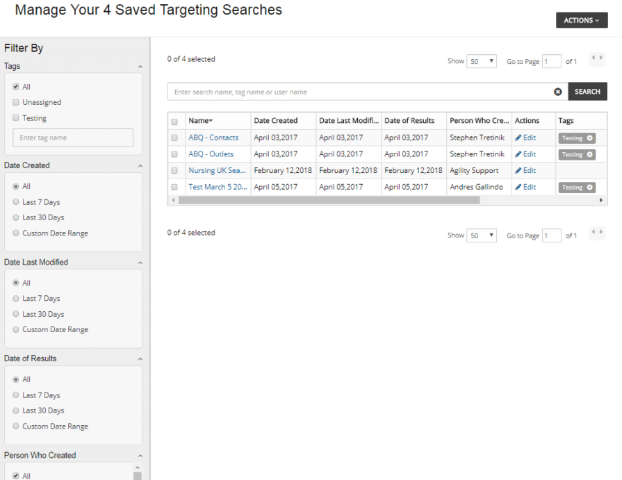 manage saved targeted searches