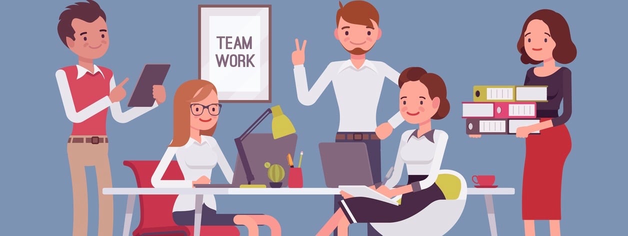 Team work in office. Group of smart happy young people training and sharing business ideas to achieve results in the efficient way. Vector flat style cartoon illustration isolated on blue background