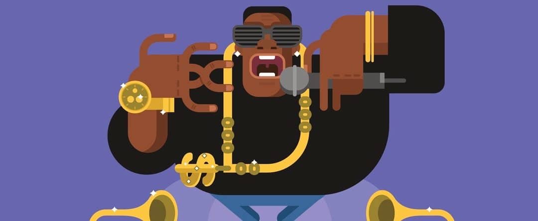 Black rapper character. Person african, music and guy with microphone, singer hip-hop, flat vector illustration