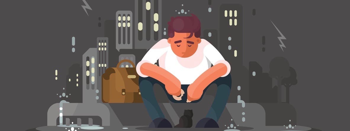 Young man sitting on curb in depression in rain. Vector illustration