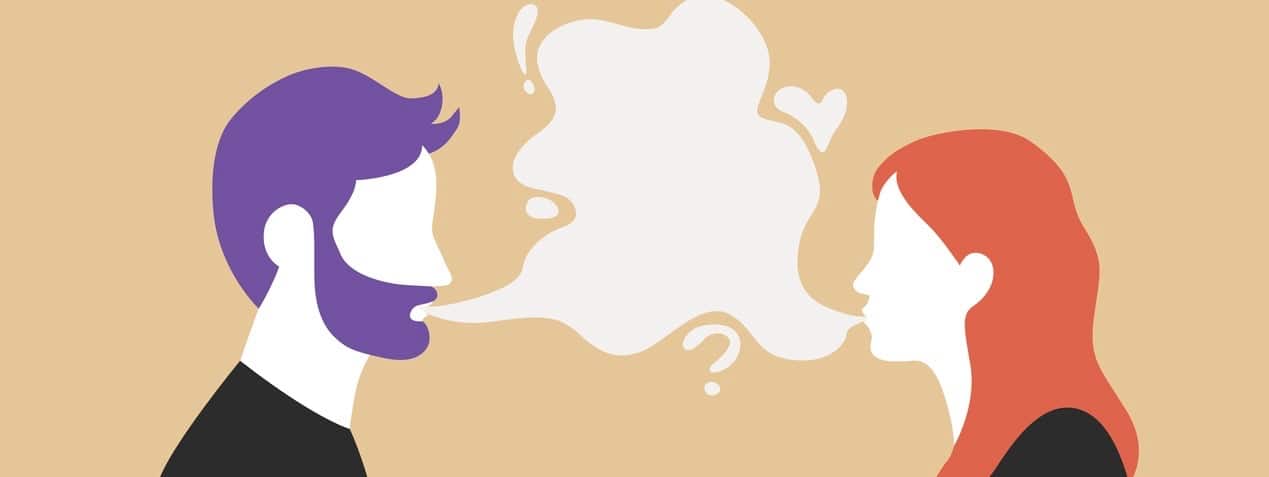 Man and woman talking with speech bubble in the middle - couple communication vector illustration.