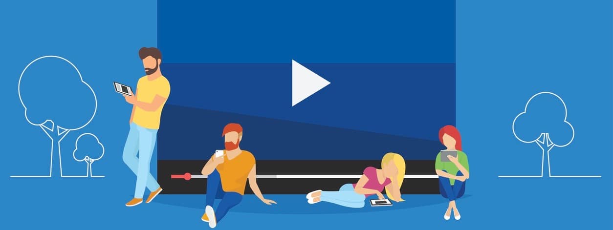 Video watching concept illustration of young people using mobile gadgets, tablet pc and smartphone for live watching a video via internet. Flat design of guys and women staying near big symbol