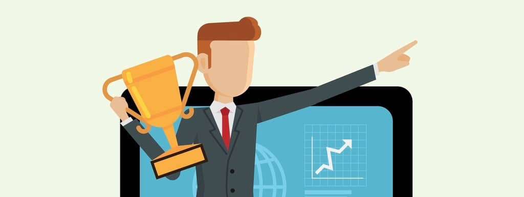 Businessman holding award running inside computer for successful. concepts vector illustration