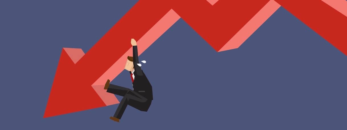 Two cartoon businessmen struggling to hang on a red bold arrow depicting a downward trend. Creative vector illustration on metaphor for working hard in poor performing business.