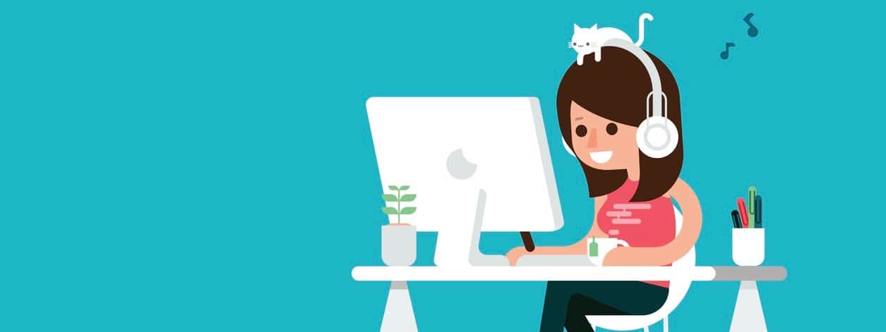 Happy woman working on computer, flat design cartoon.