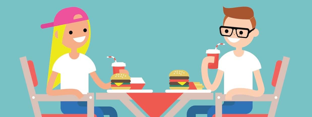 Restaurant visitors. Two teenagers having dinner in a fast food restaurant / flat editable vector illustration, clip art