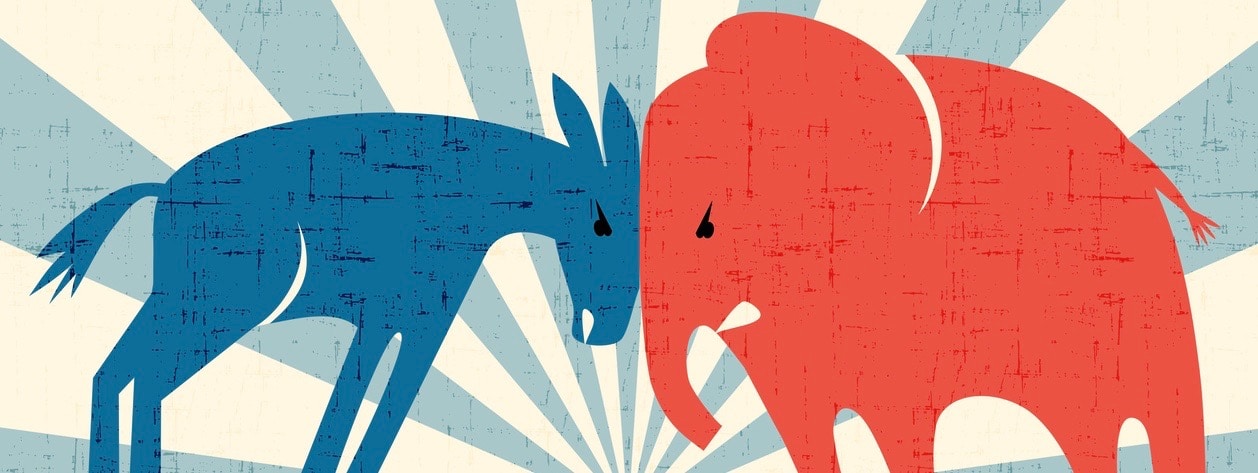 Democratic donkey and Republican elephant butting heads. Vector illustration.