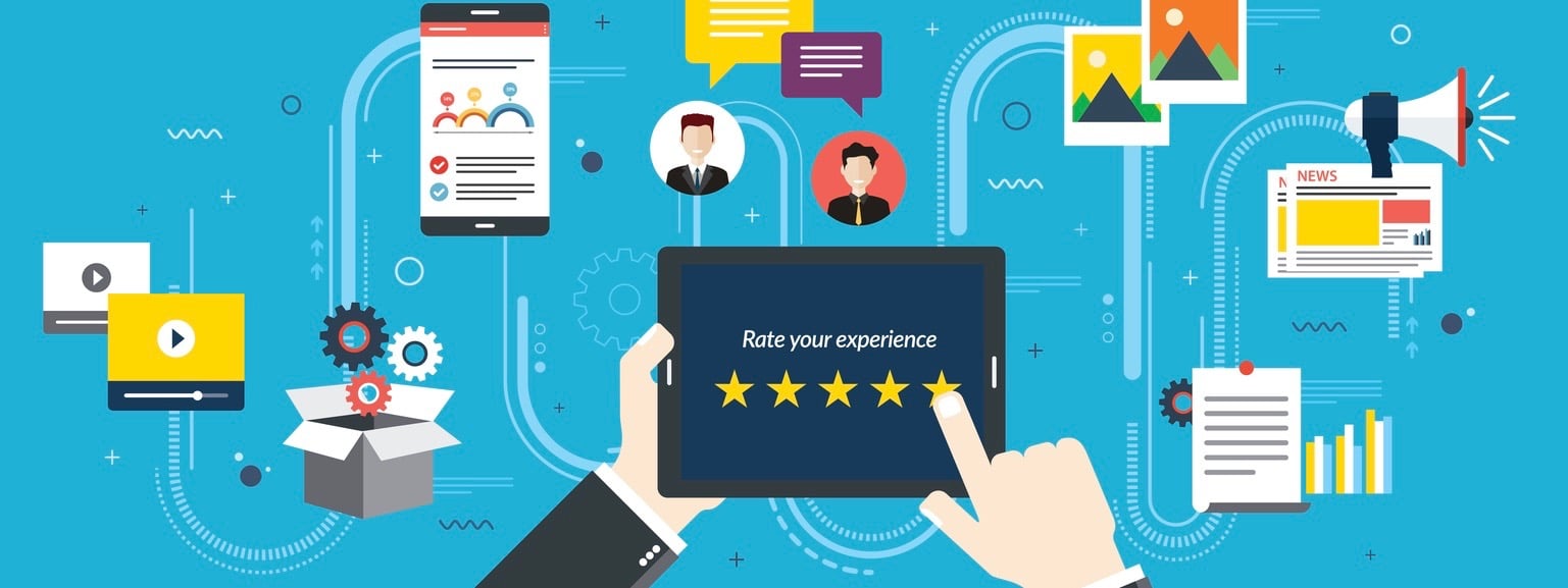 Rating system on tablet screen with stars. Feedback and qualification in chat, social media, marketing, video, market online, photos and email in flat design vector illustration.
