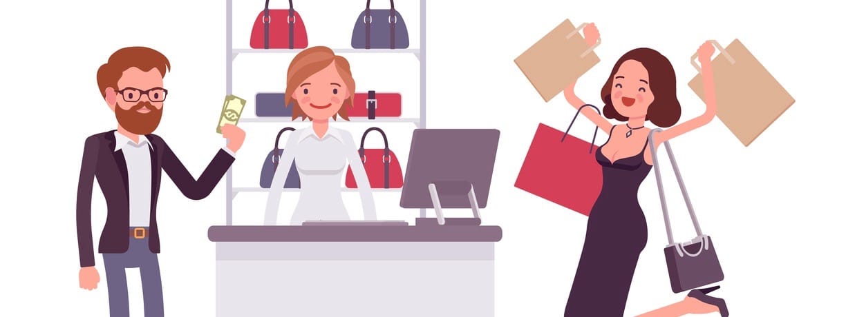 Man paying for shopping. Young happy woman with bags jumping with joy after getting presents, customers in the mall. Vector flat style cartoon illustration isolated on white background