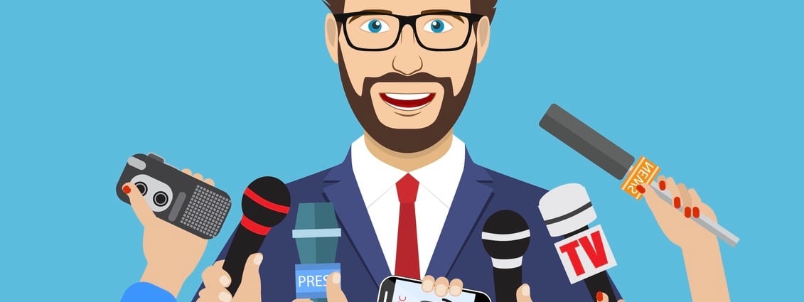 Business man giving an interview in the presence of journalists with microphones. vector illustration in flat style