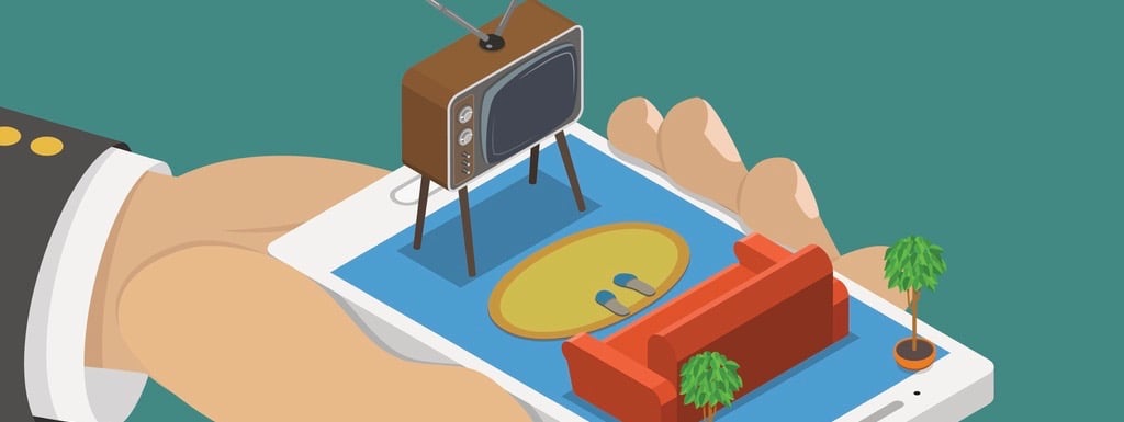 Online TV flat isometric vector concept. Smartphone with the TV set sofa on in the man hand. Live stream, video player.
