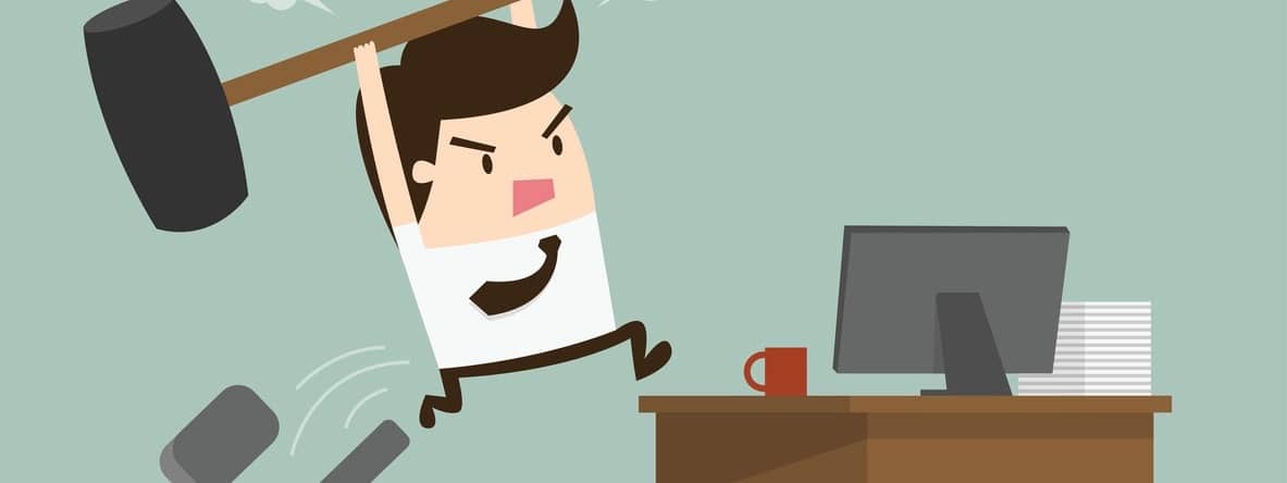 Furious frustated businessman hitting the computer, vector illustration