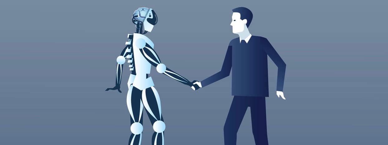 People And Robots Handshake Modern Human And Artificial Intelligence Futuristic Mechanism Technology Vector Illustration