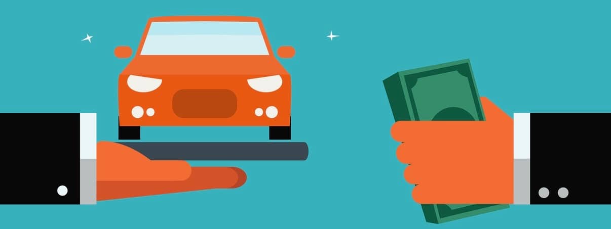 Car buy or rent. Hands with car and money