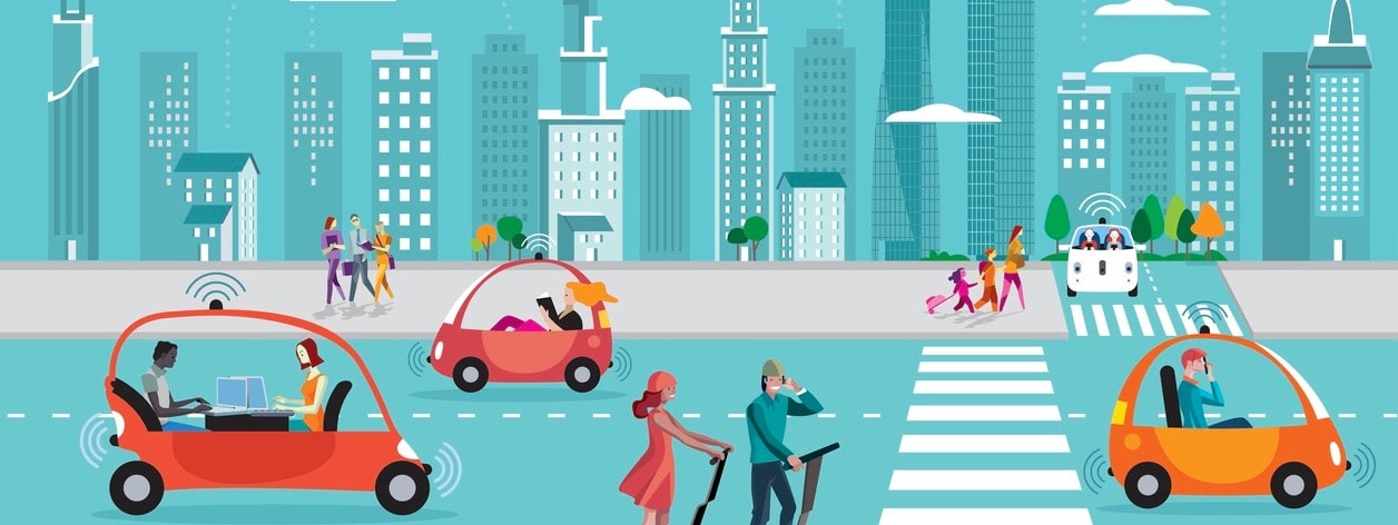 Road in the city with autonomous Driverless cars and people walking on the street. In the background skyline skyscrapers.