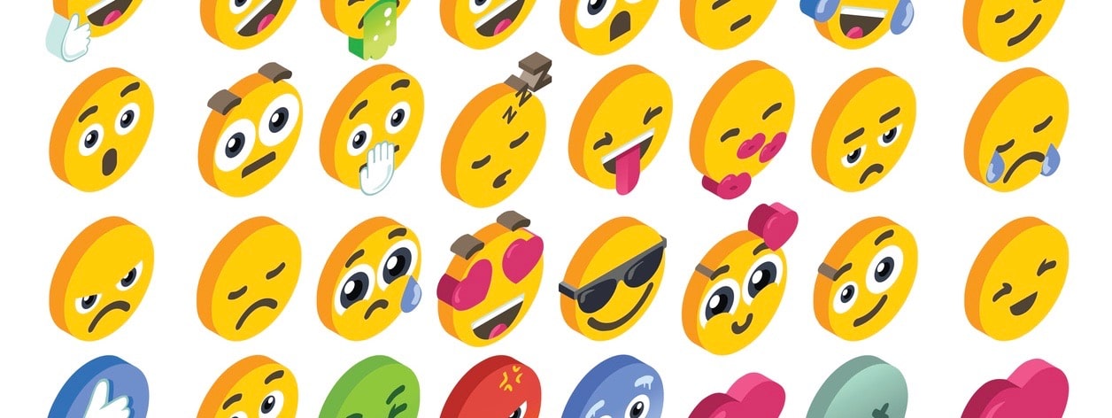 Emoji Set emoticon reactions. Vector EPS 10 3D flat design isometric icons hearth angry or smile face and like button.