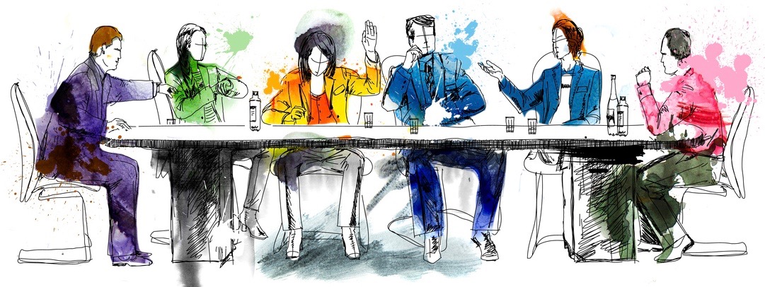 Silhouettes of successful business people working on meeting. Sketch with colourful water colour effects