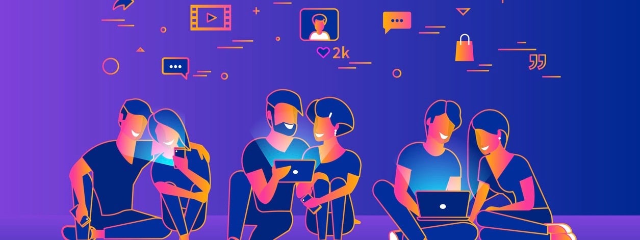 Community of young people using gadgets such as smartphone, tablet and laptop sitting on floor and enjoying networks. Gradient line vector illustration of of internet addiction and communication
