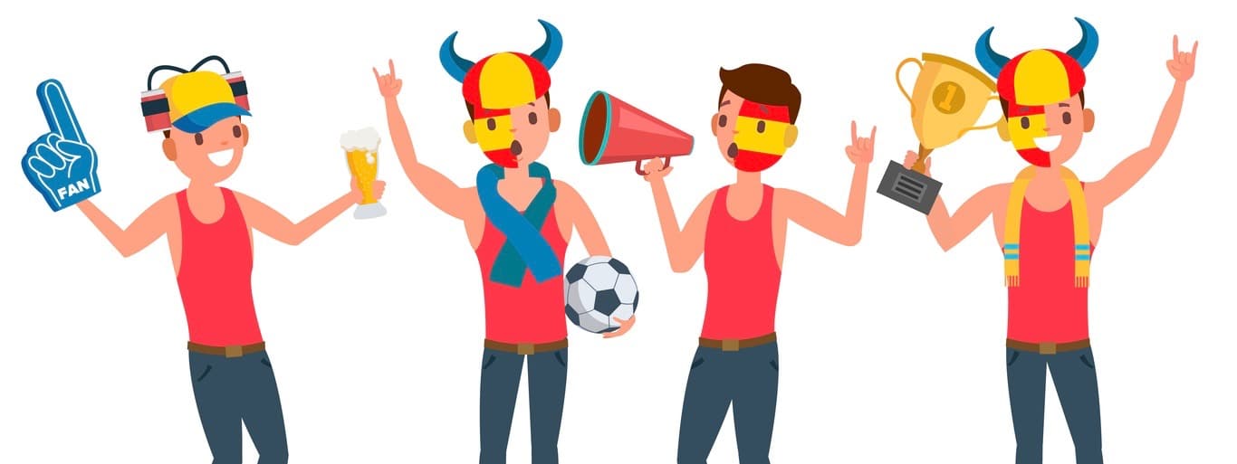 Team Supporter Man Vector. Young Man With Flags And Accessories Fans. Fan Rooter Buff. In Action. Isolated Flat Cartoon Character Illustration