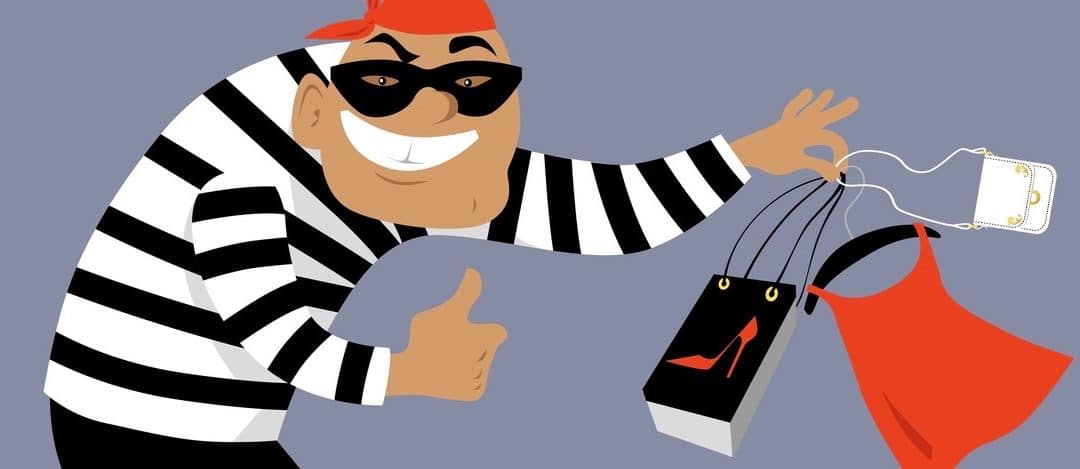 Criminal in a mask selling counterfeit goods, EPS 8 vector illustration