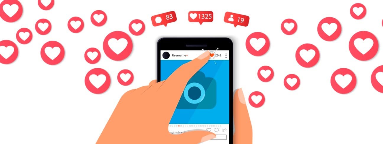 Influencer marketing concept with hand holding smartphone and like and hearts Illustration.