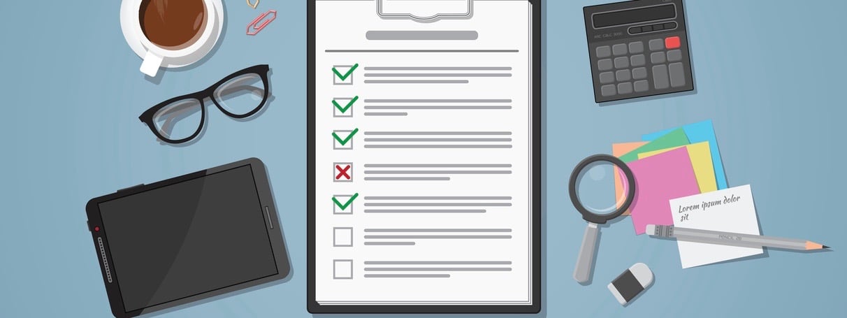 Flat realistic business checklist on workplace with green and red marks. Workspace with distributed office objects on it. Coffee cup, tablet, glasses with calculator, magnifier and paper notes.