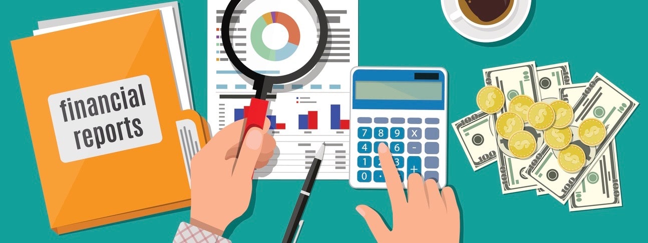 Hand with magnifying glass and calculator, analysis of financial report. Financial audit concept. Calculation. Auditing tax process. Business background. Vector illustration in flat design