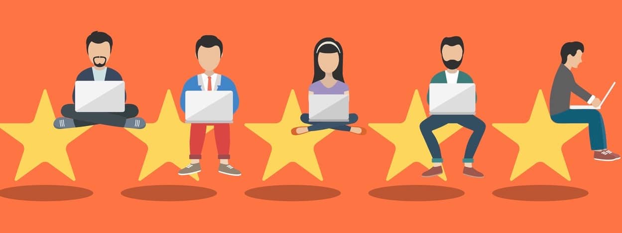 Concept of feedback, testimonials messages and notifications. Rating on customer service illustration. Five big stars with people sitting on them and giving reviews on their lap tops. Flat vector