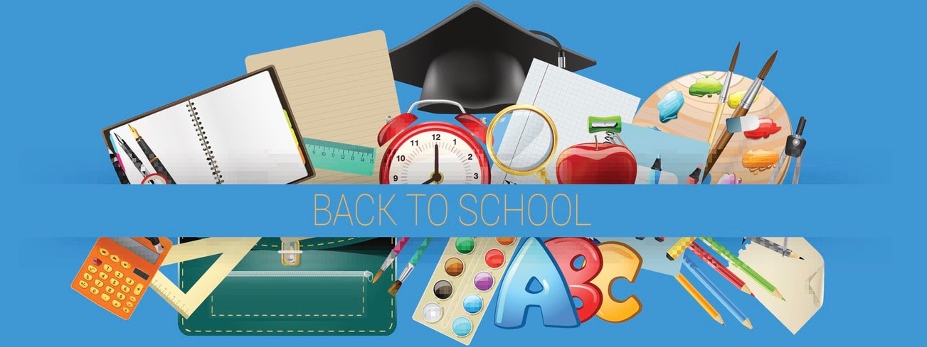 school items background, education workplace accessories. vector illustration