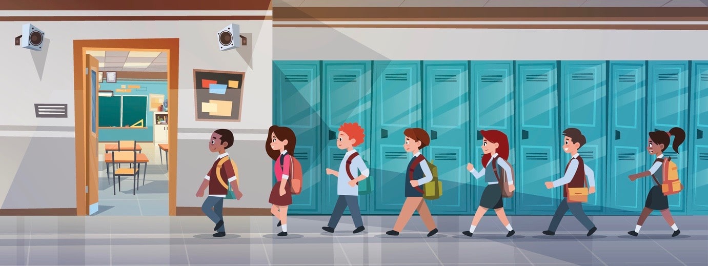 Group Of Pupils Walking In School Corridor To Class Room, Mix Race Schoolchildren Flat Vector Illustration