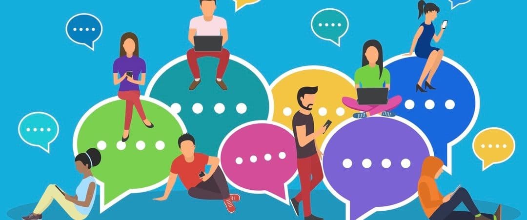 Speech bubbles for comment and reply concept flat vector illustration of young people using mobile smartphone and tablets for texting and communicating on networks. Guys and women sitting on bubbles