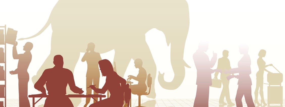 Editable vector silhouettes of an elephant in a busy office of people with reflections
