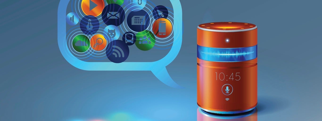 Smart speaker with voice control. Voice control of your smart house. Abstract future product. Smart speaker speaks with you and helps to obtain information. The Internet of things. VECTOR.