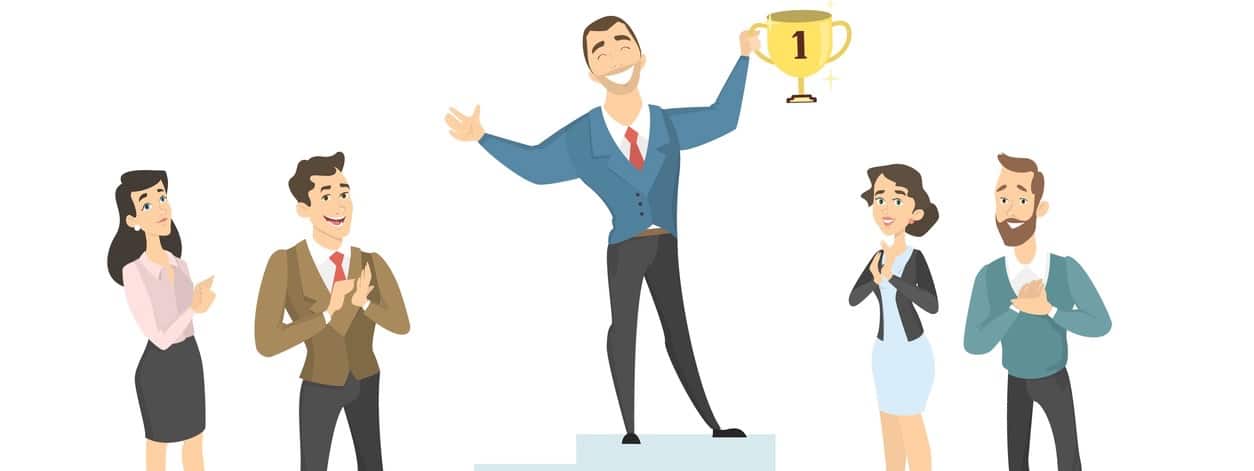 People clapping to a winner standing on white with golden cup.